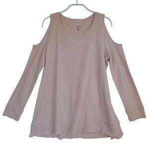 Style & Co Tee Shirt Cold Shoulder‎ Long Sleeve Waffle Knit Top Peachy Pink Med